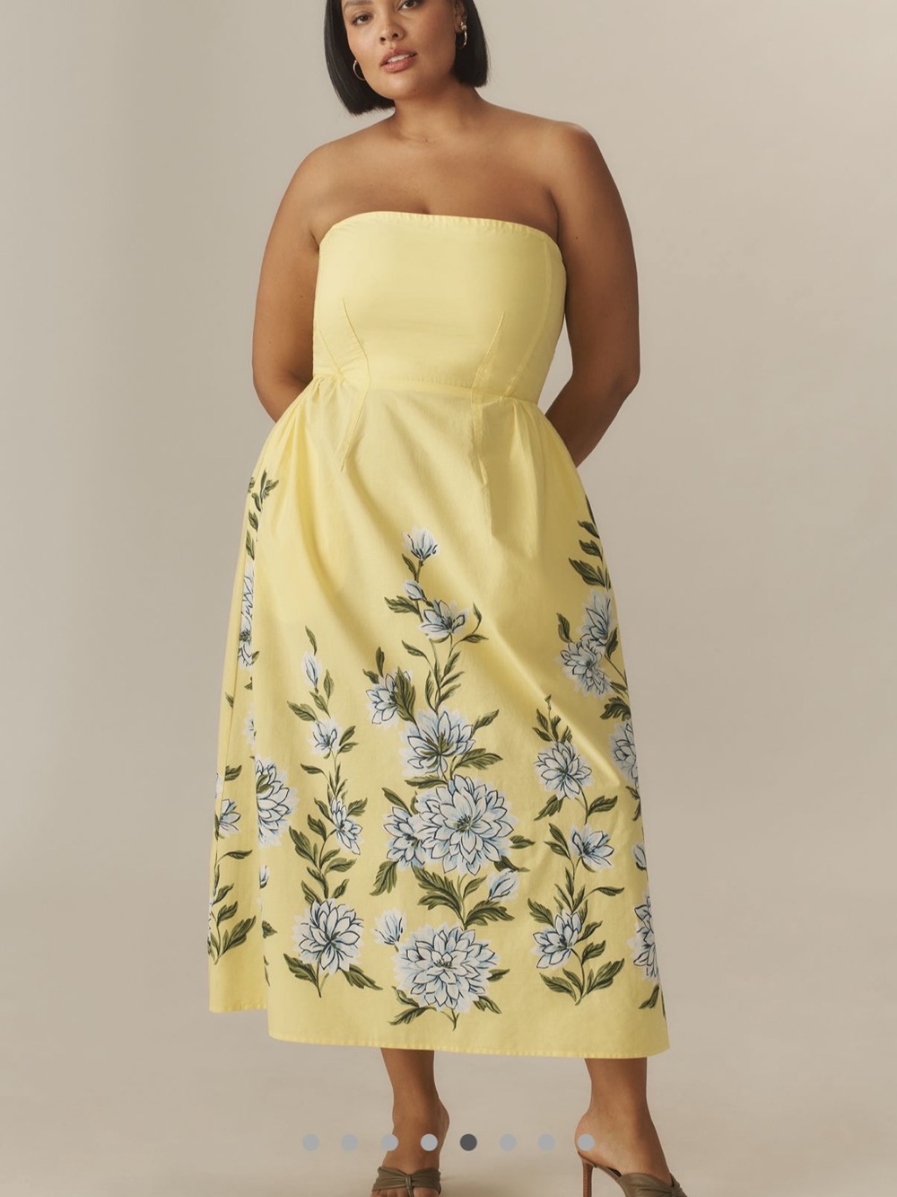 Banjanan Strapless Yellow Midi Dress with Blue Floral Print